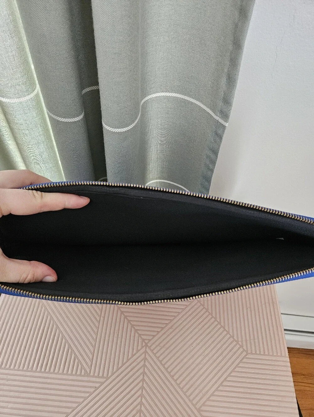 kate spade cobalt blue laptop sleeve with gold logo plaque